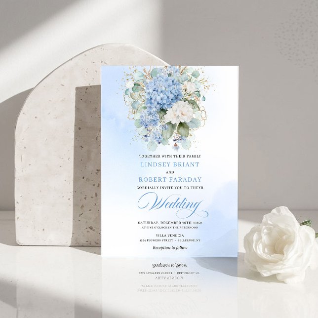 Romantic Bohemian Pale Blue Floral Gold Wedding  Invitation (Romantic Bohemian Pale Blue Floral Gold Wedding Invite)