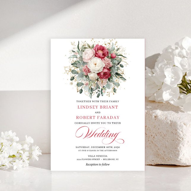 Romantic Bohemian Red White Greenery Gold Wedding Invitation (Romantic Bohemian Red White Greenery Wedding Invitation)