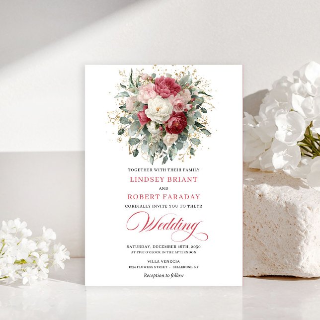 Romantic Bohemian Red White Greenery Gold Wedding Invitation (Timeless Boho Blush White Gold Floral Wedding Invitation)