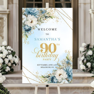 Romantic boho blue florals gold frame 90 birthday poster