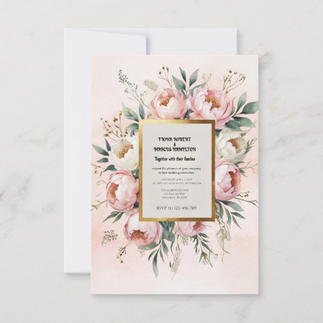 Romantic Boho – Blush Pink Peonies & Greenery RSVP Card (Front)