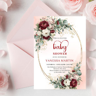 Romantic Boho Burgundy and Gold Baby Shower Floral Invitation
