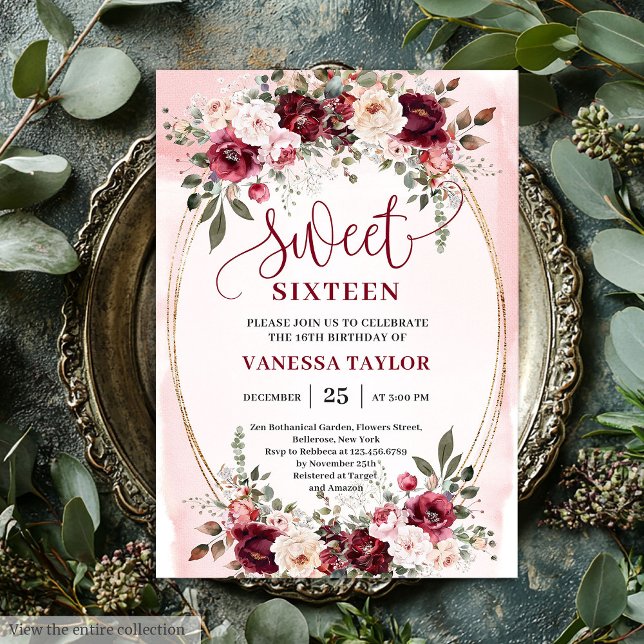 Romantic Boho Burgundy Blush Floral Sweet Sixteen Invitation (Romantic Burgundy Blush Floral Sweet Sixteen Invite

)