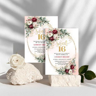 Romantic Boho Burgundy Floral Gold Sweet 16 Party Invitation
