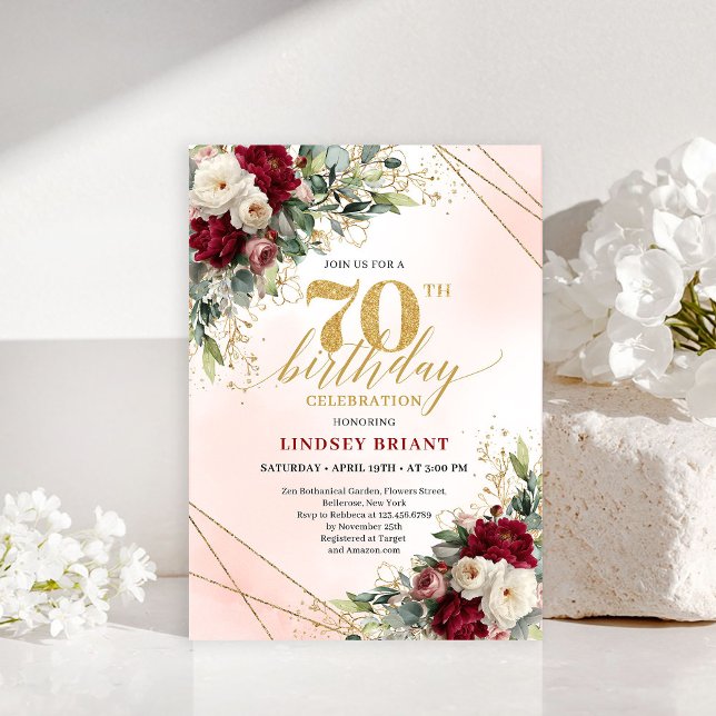 Romantic Boho Burgundy Floral Happy 70th Invitе Invitation (Romantic Boho Burgundy Floral Happy 70th Invitation)