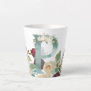 Romantic Boho Burgundy Watercolor Flower Letter Latte Mug