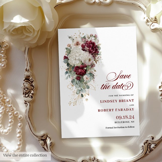 Romantic Boho Burgundy White Save The Date Card (Romantic Boho Burgundy White Save The Date Card)