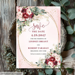 Romantic Boho Deep Red Blush Gold Floral Save It Invitation