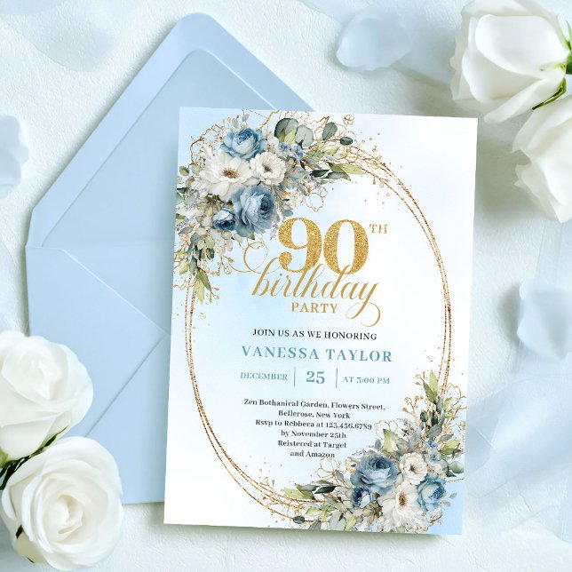 Romantic Boho Dusty Blue Flowers 90th Birthday Invitation (Romantic Boho Dusty Blue Flowers 90th Birthday)