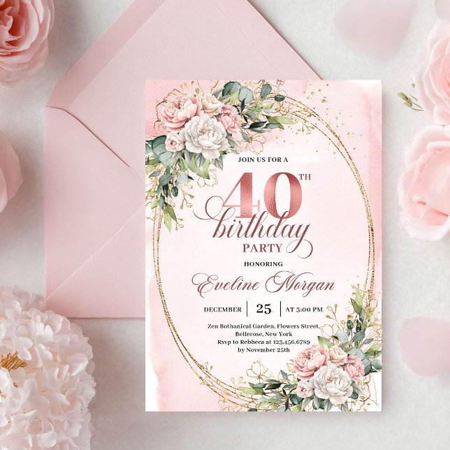 Romantic Boho Dusty Pink Flowers 40th Birthday  Invitation (Romantic Boho Dusty Pink Flowers 40th Birthday Invite

)