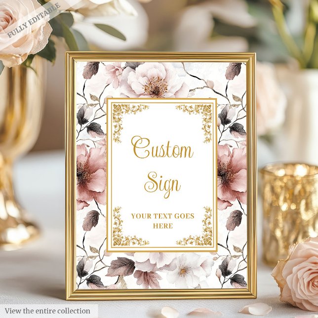 Romantic boho dusty pink flowers gold 8x10 sign (Romantic dusty pink flowers tabletop sign)