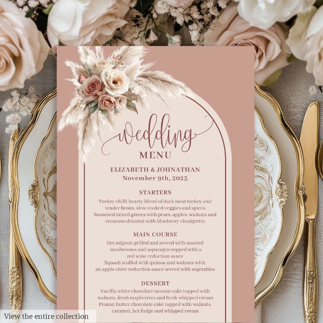 Romantic Boho Dusty Pink Pampas Floral Wedding  Menu (Romantic Boho Dusty Pink Pampas Floral Wedding Menu)
