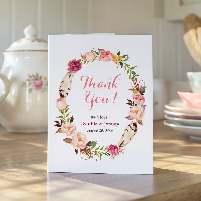 Romantic Boho Feather Floral Wreath Thank You (Creator Uploaded)