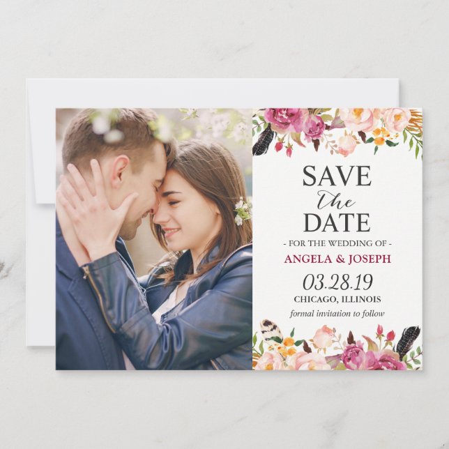 Romantic Boho Floral Feather Photo Save the Date (Front)