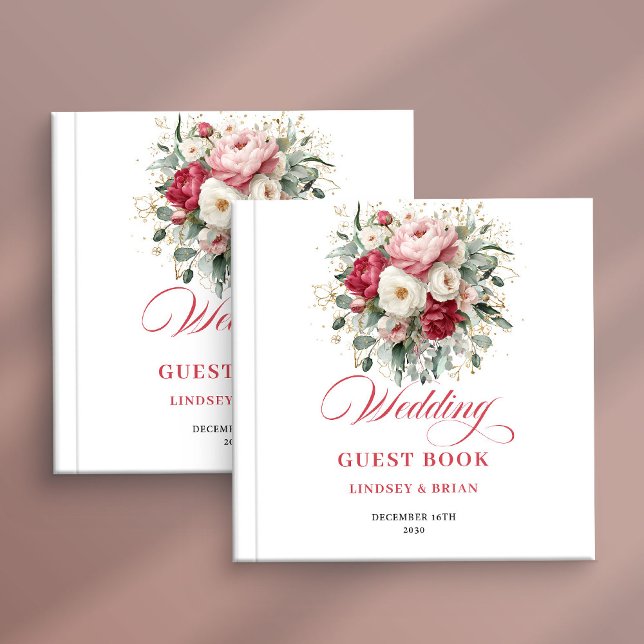 Romantic Boho Floral Red Blush Wedding Guest Book (Romantic Boho Floral Red Blush Wedding Guest Book)