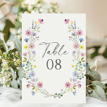 Romantic Boho Garden Wildflower Wedding Table Number<br><div class="desc">Guide your guests with ease using these watercolor wildflower wedding table number cards. Featuring a delicate hand-painted wreath of pink, purple, yellow, and blue blooms surrounding bold modern script, these cards bring a rustic yet elegant touch to your reception tables. Perfect for boho, garden, or spring and summer weddings, the...</div>