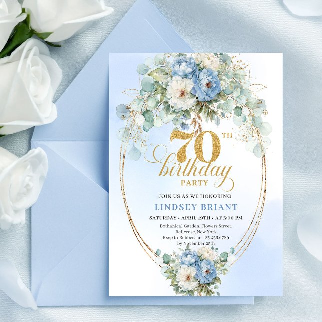 Romantic Boho Light Blue Flowers 70th Birthday  Invitation (Romantic Boho Light Blue Flowers 70th Birthday Invite

)