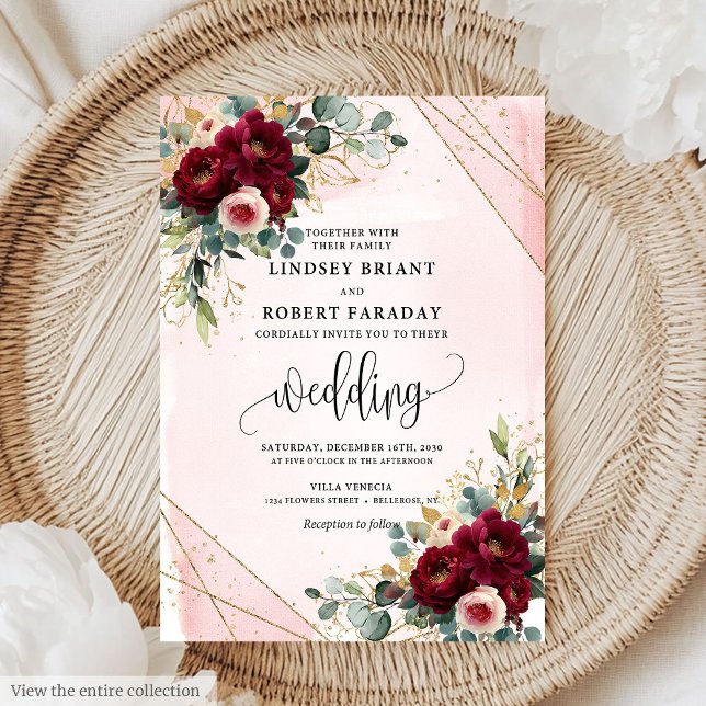 Romantic Boho Maroon Gold Blush Flowers Wedding  Invitation (Romantic Boho Maroon Gold Blush Flowers Wedding Invitation )