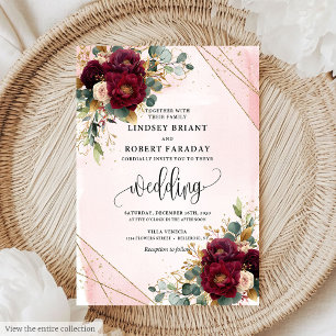 Romantic Boho Marsala Gold Blush Flowers Wedding Invitation