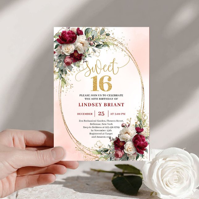 Romantic Boho Merlot Gold Floral Sweet Sixteen  Invitation (Romantic Boho Merlot Gold Floral Sweet Sixteen Invite)