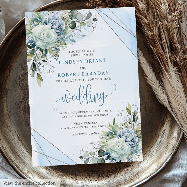 Romantic Boho Pastel Blue Silver Peonies Wedding  Invitation (Romantic Boho Pastel Blue Silver Peonies Wedding Invitation)