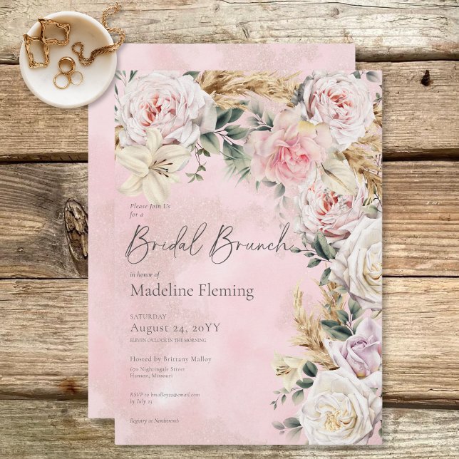 Romantic Boho Pink Roses & Pampas Bridal Brunch Invitation (Romantic Boho Pink Roses & Pampas Bridal Brunch Invitation)