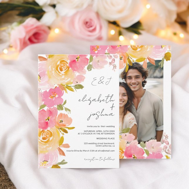 Romantic boho pink yellow floral photo wedding invitation (Romantic boho pink yellow floral photo wedding invitation)