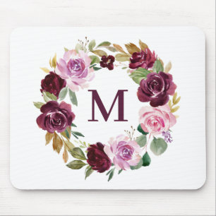 Romantic Boho Purple Fall Floral Wreath Monogram Mouse Mat
