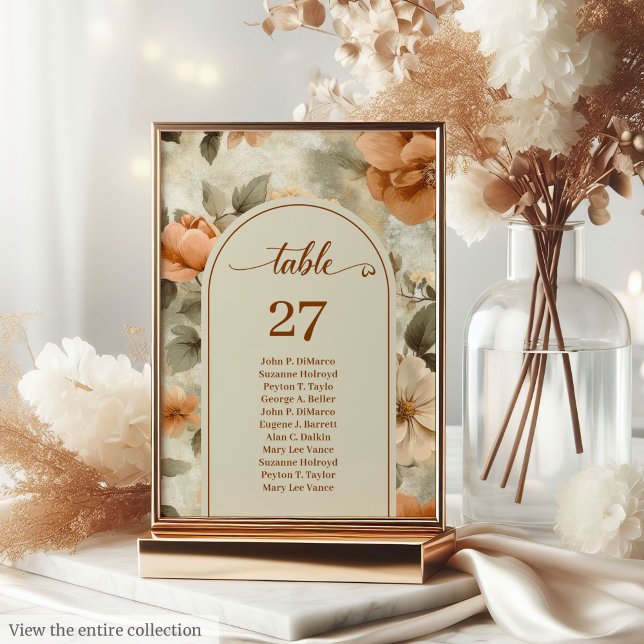 Romantic Boho Rust Ivory Olive Floral Table Number (Elegant Boho Terracotta Ivory Sage Floral Table Number)