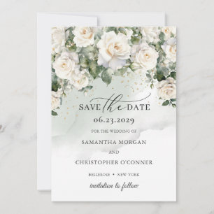 Romantic boho white roses and greenery foliage save the date