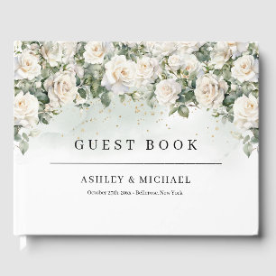 Romantic boho white roses and greenery wedding guest book