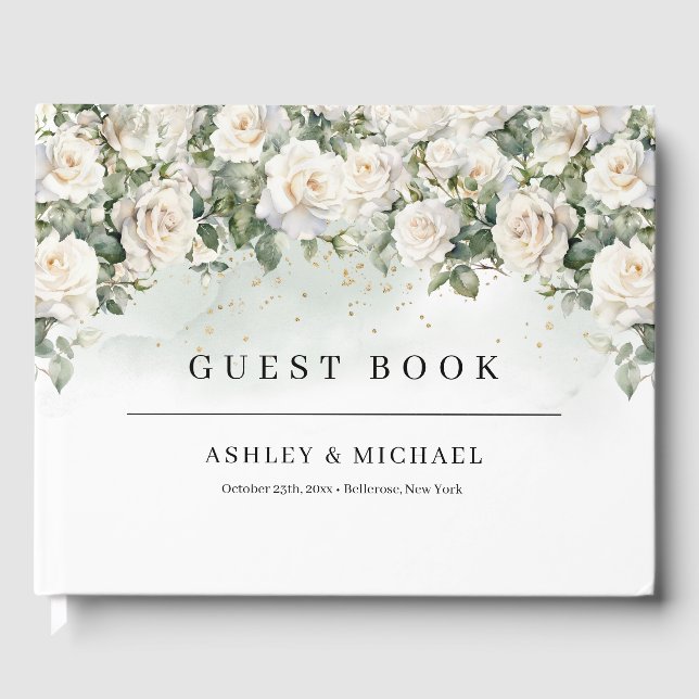 Romantic boho white roses and greenery wedding guest book (Front)
