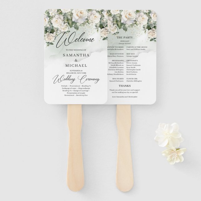 Romantic boho white roses and greenery wedding hand fan (Front and Back)