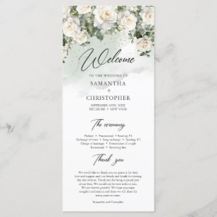 Romantic boho white roses and greenery wedding programme