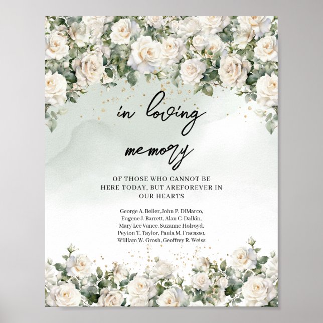 Romantic boho white roses green In loving memory Poster (Front)