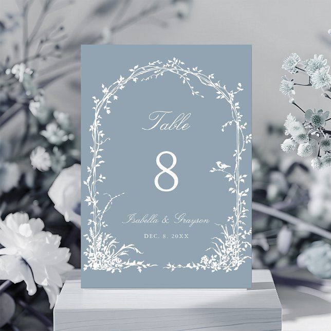 Romantic Botanical Arch Garden Wedding Dusty Blue Table Number (Creator Uploaded)