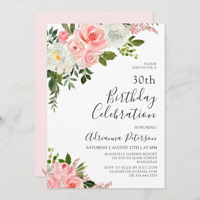 Romantic Botanical Blush Rose Floral 30th Birthday Invitation (Front/Back)