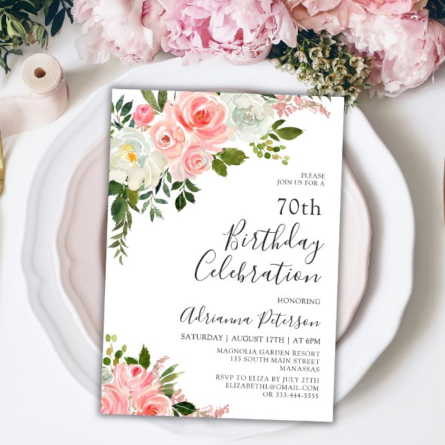 Romantic Botanical Blush Rose Floral 70th Birthday Invitation (Creator Uploaded)