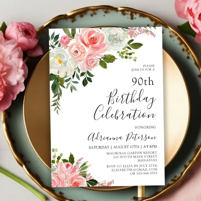 Romantic Botanical Blush Rose Floral 90th Birthday Invitation (Creator Uploaded)