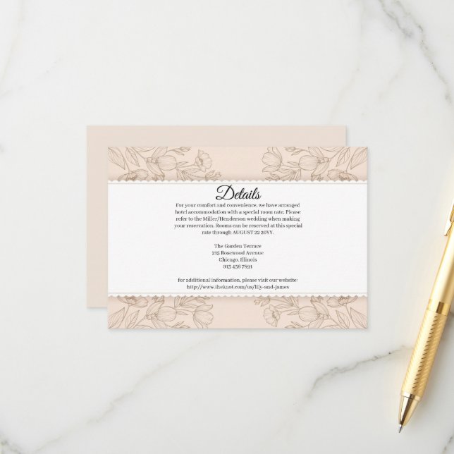 Romantic Botanical Line Art Wedding Accommodation  Enclosure Card (Front/Back In Situ)