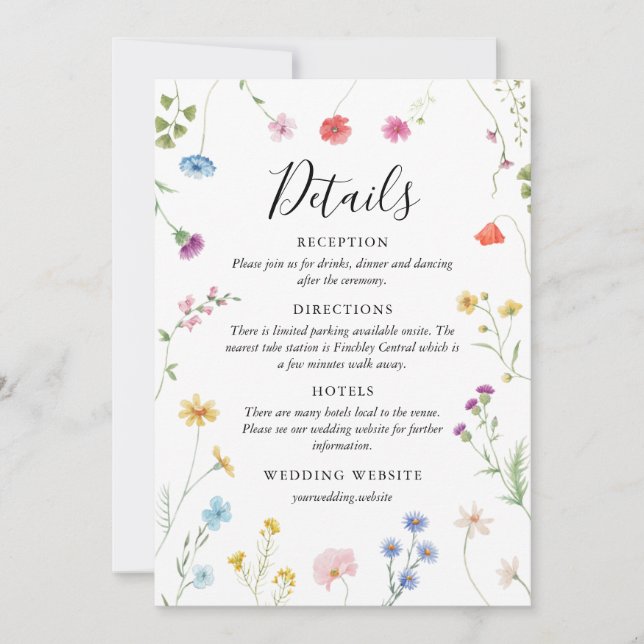 Romantic Botanical Wildflower Wedding Details Card (Front)