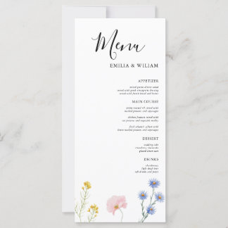 Romantic Botanical Wildflower Wedding Menu Card