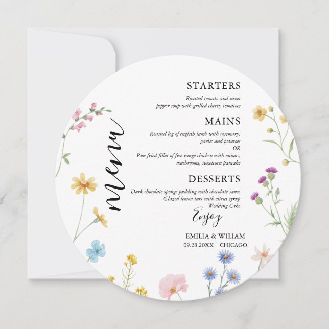 Romantic Botanical Wildflower Wedding Menu Card (Front)