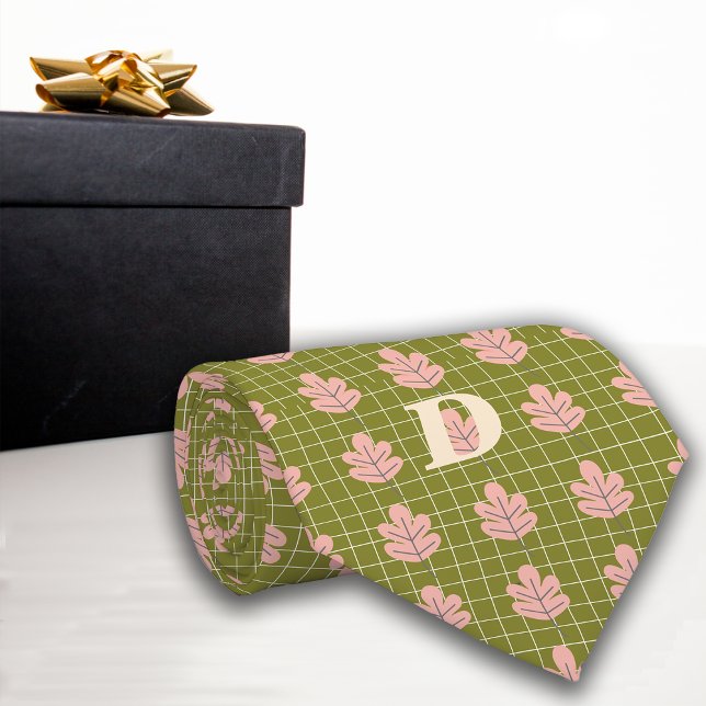 Romantic Botanicals Olive Pink Monogram Tie (Creator Uploaded)