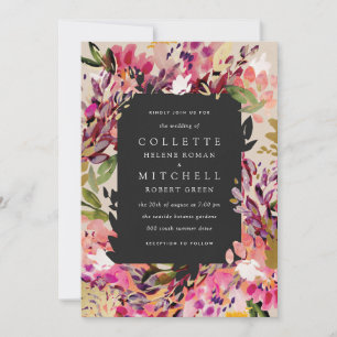 Romantic Bouquet Hot Pink Black Gold Wedding Invitation