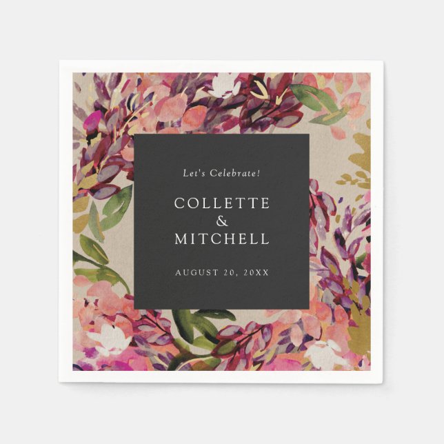 Romantic Bouquet Hot Pink Black Wedding Napkin (Front)