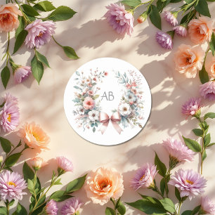 Romantic Bow Floral Baby Shower Monogram Classic Round Sticker