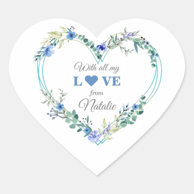 Romantic Bridal Shower Blue Floral Watercolor Heart Sticker (Front)