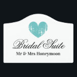 Romantic bridal suite door sign for wedding couple<br><div class="desc">Romantic mr and mrs custom bridal suite honeymoon Door Sign. Print your own classy acrylic wall plaque, welcome sign and office door name plates. Vintage turquoise blue heart love symbol logo. Personalized signage for suite, hotel room, home, nursery, baby room, kid's room, changing rooms etc. Make your own personalized signage...</div>