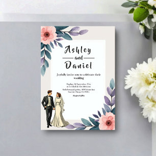 Romantic Bride And Groom Summer Floral Wedding Invitation